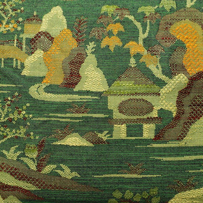 名古屋帯 紬地 六通柄 正絹 風景柄 松葉仕立て 帯 緑・うぐいす色_画像2