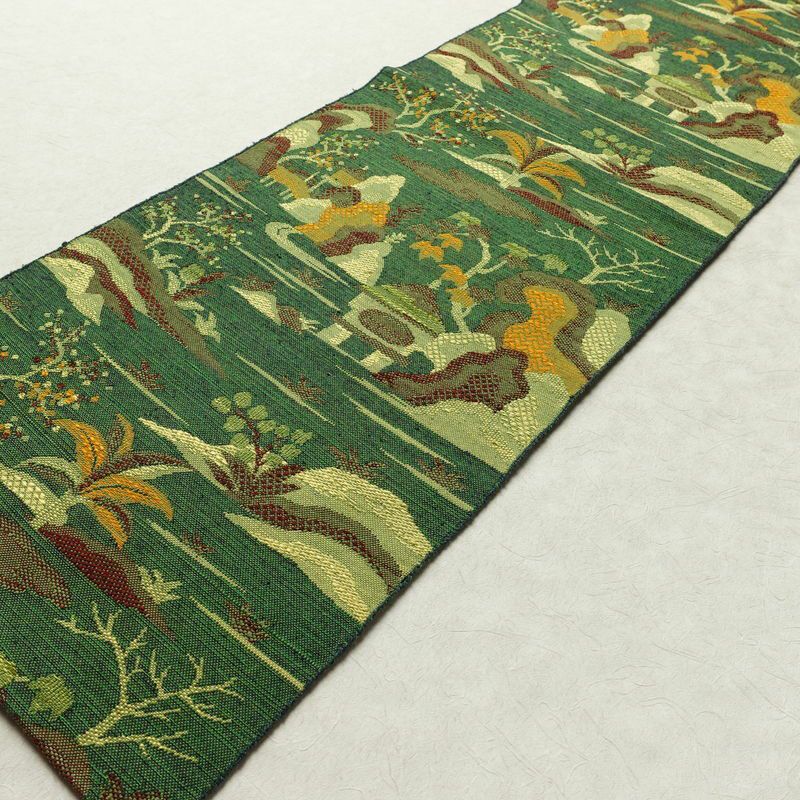 名古屋帯 紬地 六通柄 正絹 風景柄 松葉仕立て 帯 緑・うぐいす色_画像8