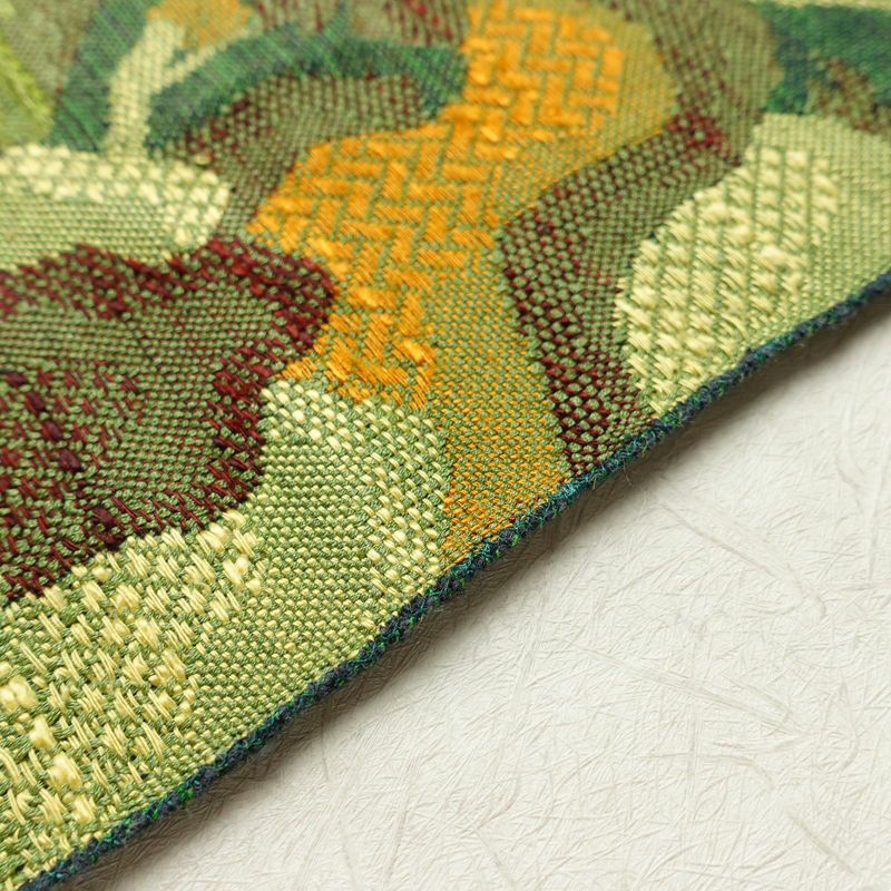 名古屋帯 紬地 六通柄 正絹 風景柄 松葉仕立て 帯 緑・うぐいす色_画像12