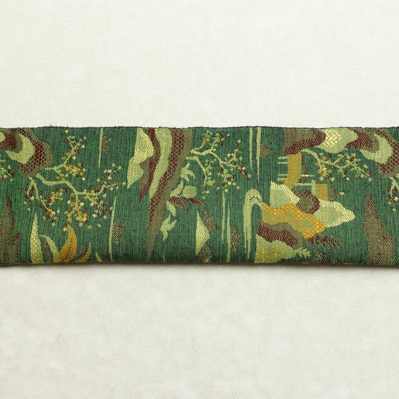 名古屋帯 紬地 六通柄 正絹 風景柄 松葉仕立て 帯 緑・うぐいす色_画像13