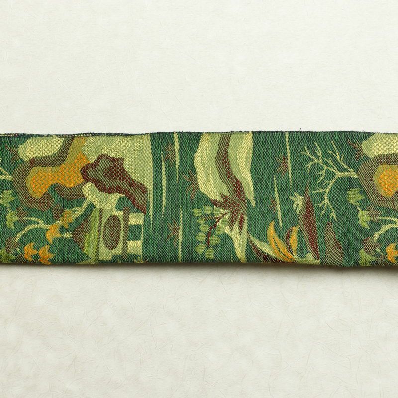 名古屋帯 紬地 六通柄 正絹 風景柄 松葉仕立て 帯 緑・うぐいす色_画像14