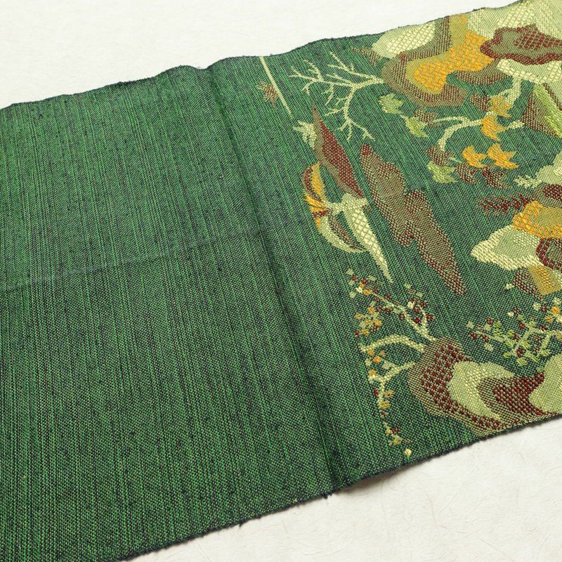 名古屋帯 紬地 六通柄 正絹 風景柄 松葉仕立て 帯 緑・うぐいす色_画像15