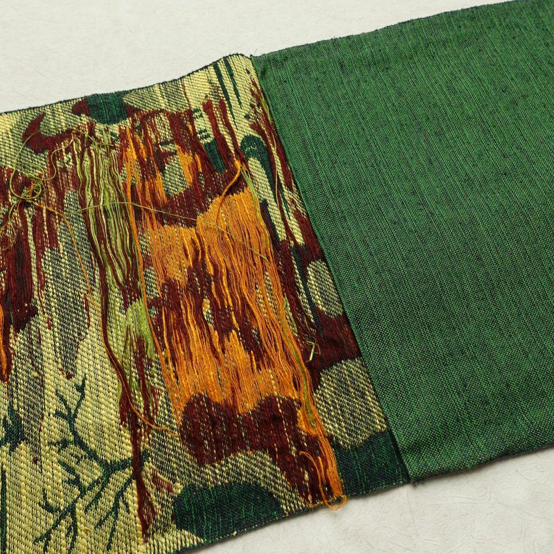 名古屋帯 紬地 六通柄 正絹 風景柄 松葉仕立て 帯 緑・うぐいす色_画像17