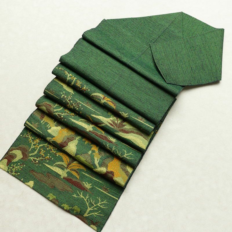 名古屋帯 紬地 六通柄 正絹 風景柄 松葉仕立て 帯 緑・うぐいす色_画像19