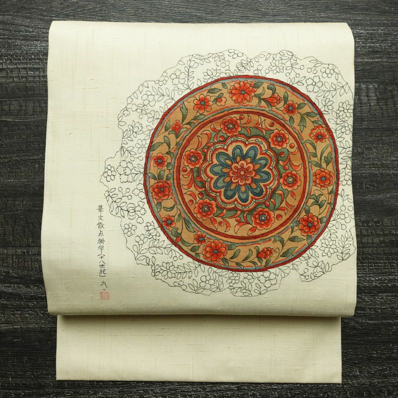 名古屋帯 太鼓柄 落款入り 正絹 幾何学柄・抽象柄 名古屋仕立て 帯 クリーム_画像1