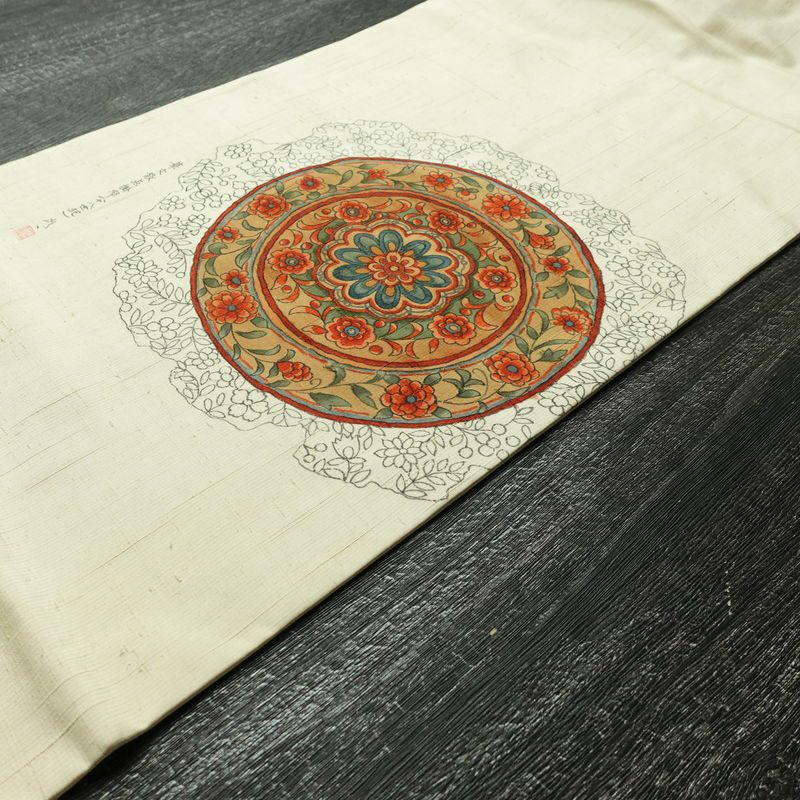 名古屋帯 太鼓柄 落款入り 正絹 幾何学柄・抽象柄 名古屋仕立て 帯 クリーム_画像11