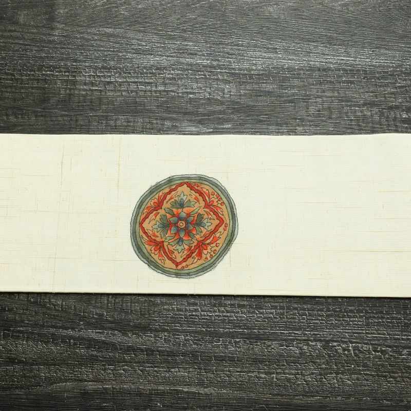 名古屋帯 太鼓柄 落款入り 正絹 幾何学柄・抽象柄 名古屋仕立て 帯 クリーム_画像13