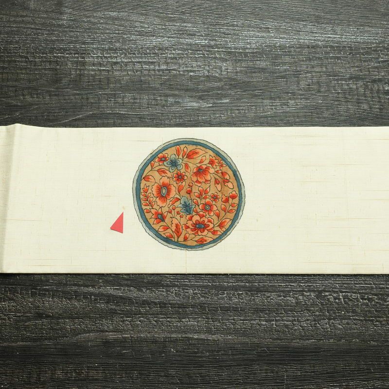 名古屋帯 太鼓柄 落款入り 正絹 幾何学柄・抽象柄 名古屋仕立て 帯 クリーム_画像14