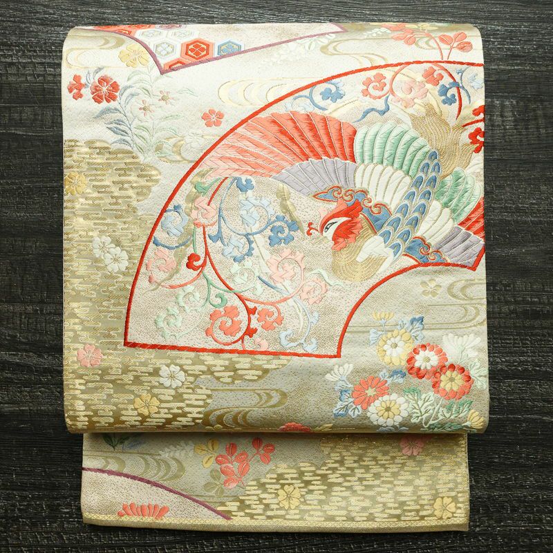 袋帯 六通柄 フォーマル用 正絹 古典柄 刺繍 帯 クリーム_画像1