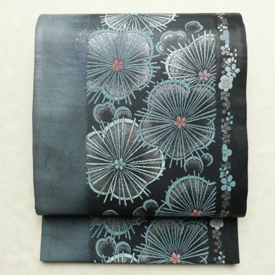 袋帯 六通柄 良品 フォーマル用 正絹 花柄 箔 帯 青・紺