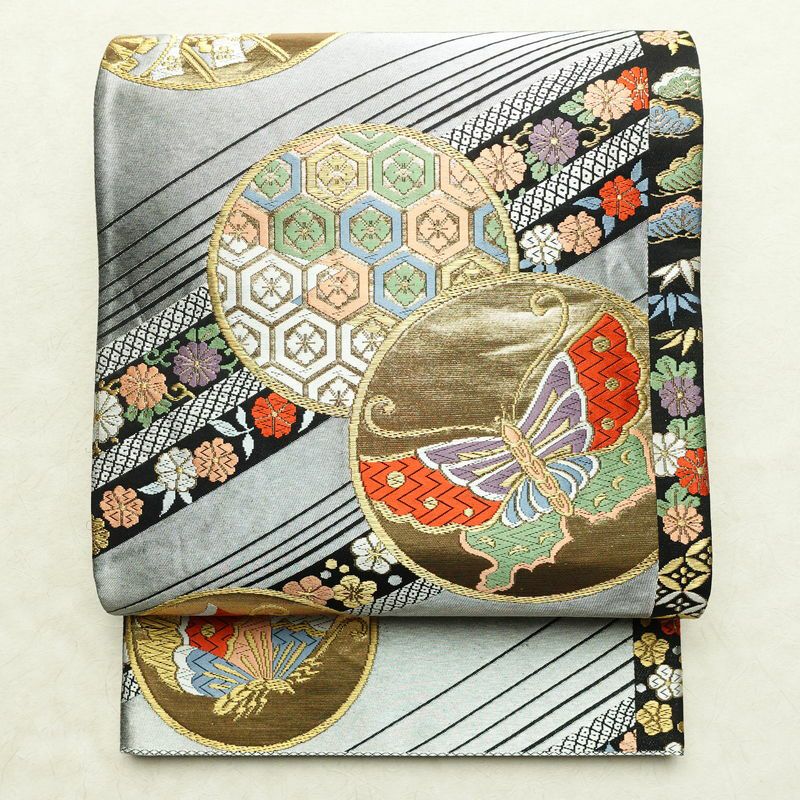 袋帯 六通柄 振袖用 正絹 蝶・昆虫柄 箔 金糸 帯 黒_画像1