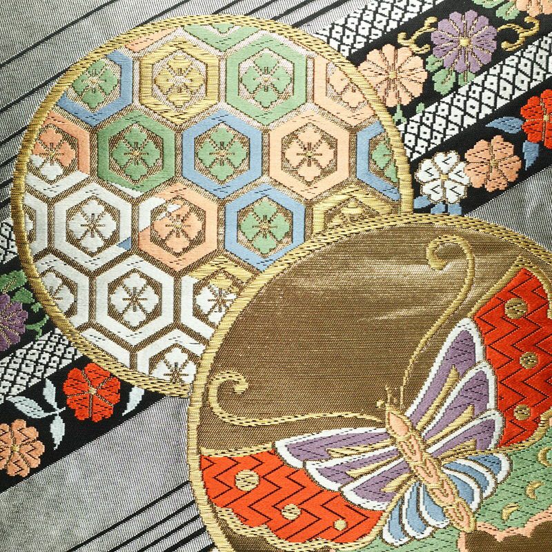 袋帯 六通柄 振袖用 正絹 蝶・昆虫柄 箔 金糸 帯 黒_画像2
