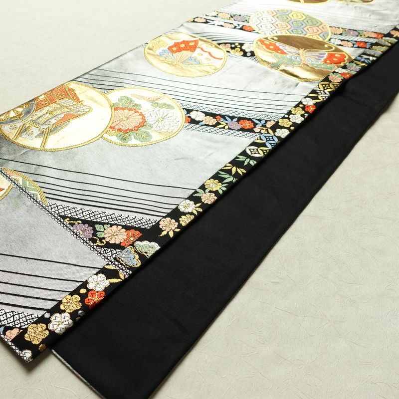 袋帯 六通柄 振袖用 正絹 蝶・昆虫柄 箔 金糸 帯 黒_画像7