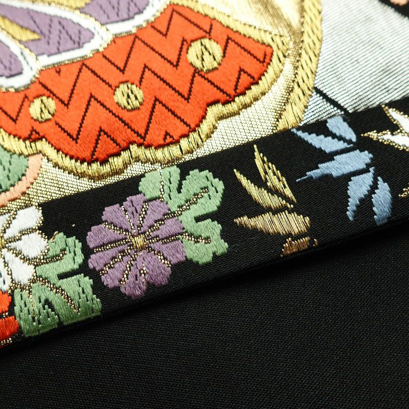 袋帯 六通柄 振袖用 正絹 蝶・昆虫柄 箔 金糸 帯 黒_画像11