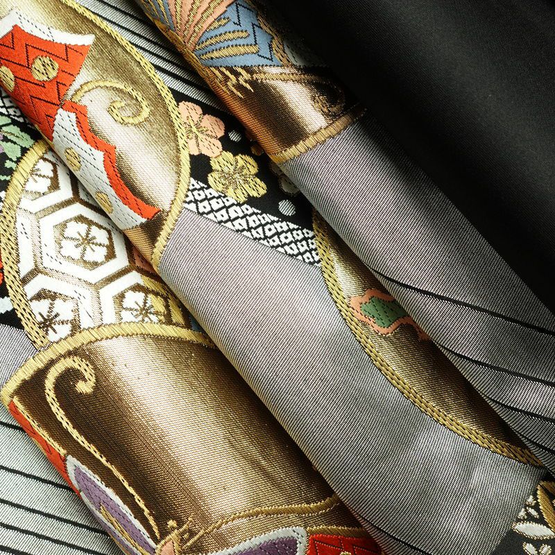 袋帯 六通柄 振袖用 正絹 蝶・昆虫柄 箔 金糸 帯 黒_画像18