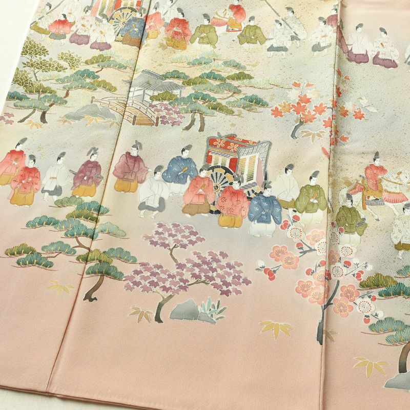 色留袖 良品 三つ紋入り 落款入り 正絹 人物・動物柄 袷仕立て 身丈165.5cm 裄丈66.5cm 箔 金彩 金通し フォーマル 着物 ピンク_画像4