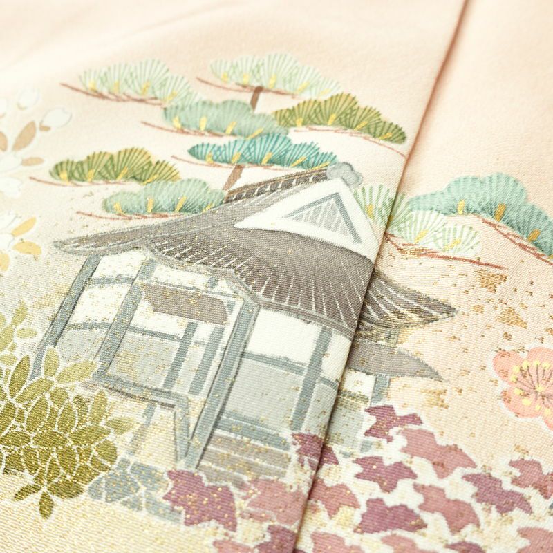 色留袖 良品 三つ紋入り 落款入り 正絹 人物・動物柄 袷仕立て 身丈165.5cm 裄丈66.5cm 箔 金彩 金通し フォーマル 着物 ピンク_画像7