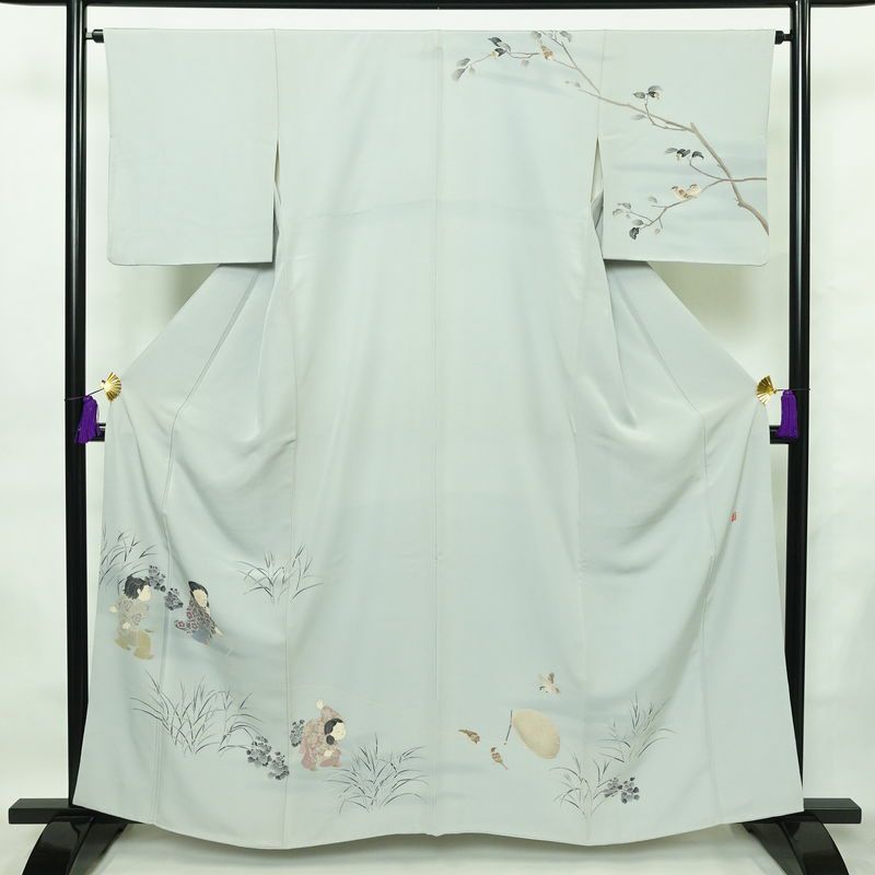 訪問着 十日町友禅 関口遼一 落款入り 縮緬 一つ紋付き 正絹 人物・動物柄 袷仕立て 身丈160.5cm 裄丈65.5cm フォーマル 着物 青・紺_画像1