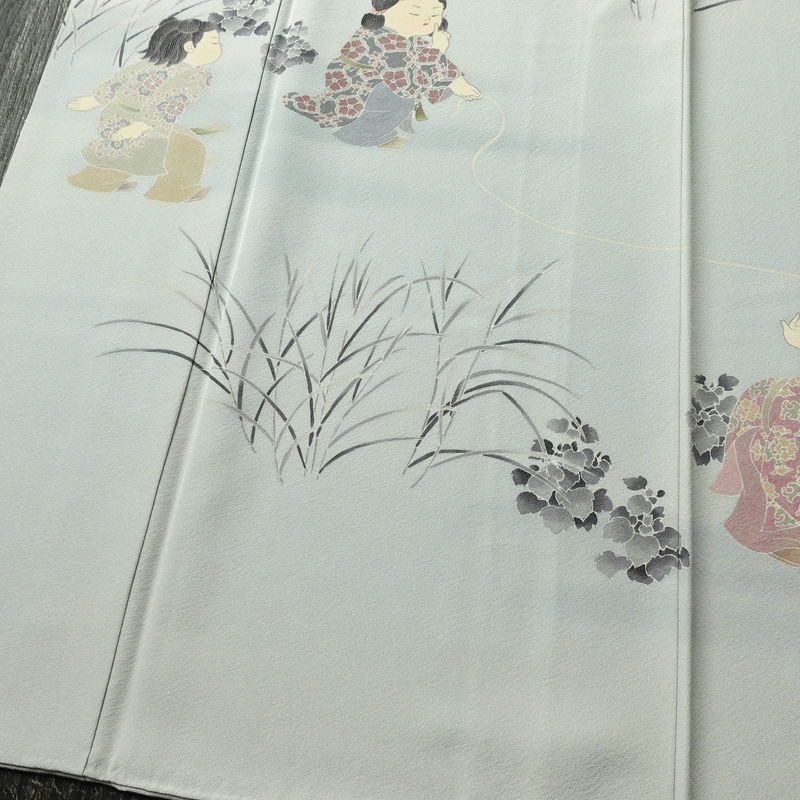 訪問着 十日町友禅 関口遼一 落款入り 縮緬 一つ紋付き 正絹 人物・動物柄 袷仕立て 身丈160.5cm 裄丈65.5cm フォーマル 着物 青・紺_画像4