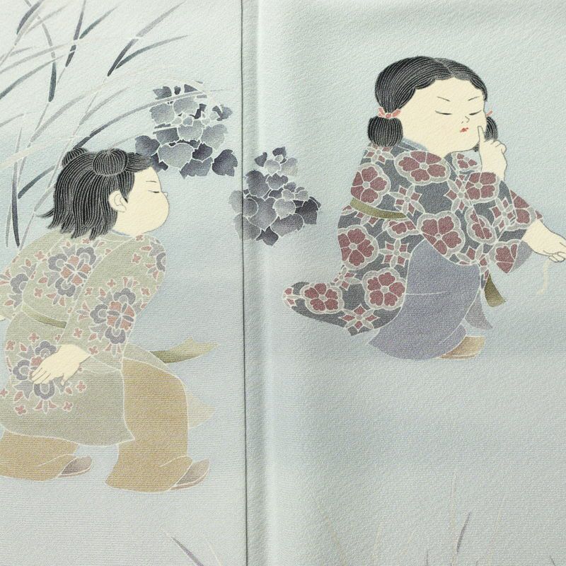 訪問着 十日町友禅 関口遼一 落款入り 縮緬 一つ紋付き 正絹 人物・動物柄 袷仕立て 身丈160.5cm 裄丈65.5cm フォーマル 着物 青・紺_画像5