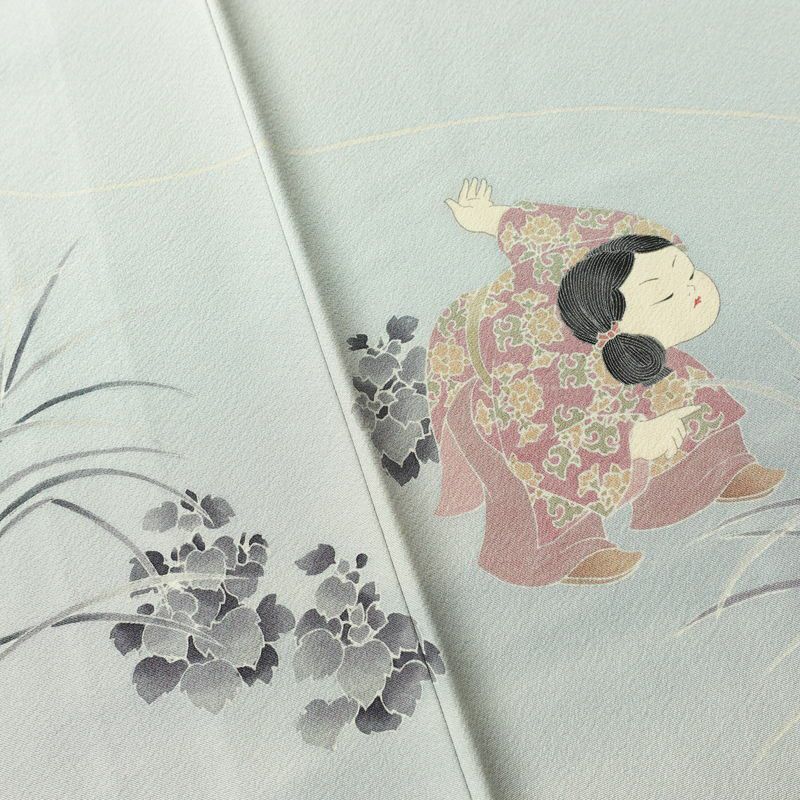 訪問着 十日町友禅 関口遼一 落款入り 縮緬 一つ紋付き 正絹 人物・動物柄 袷仕立て 身丈160.5cm 裄丈65.5cm フォーマル 着物 青・紺_画像8