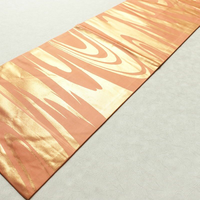 名古屋帯 六通柄 良品 正絹 流水・波柄 名古屋仕立て 箔 帯 橙_画像9