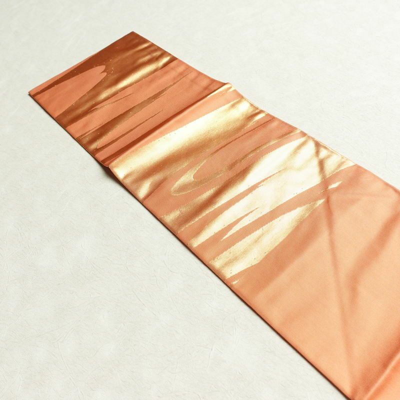 名古屋帯 六通柄 良品 正絹 流水・波柄 名古屋仕立て 箔 帯 橙_画像16