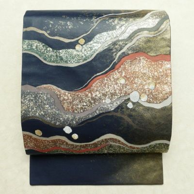 名古屋帯 太鼓柄 美品 正絹 流水・波柄 名古屋仕立て 箔 帯 青・紺
