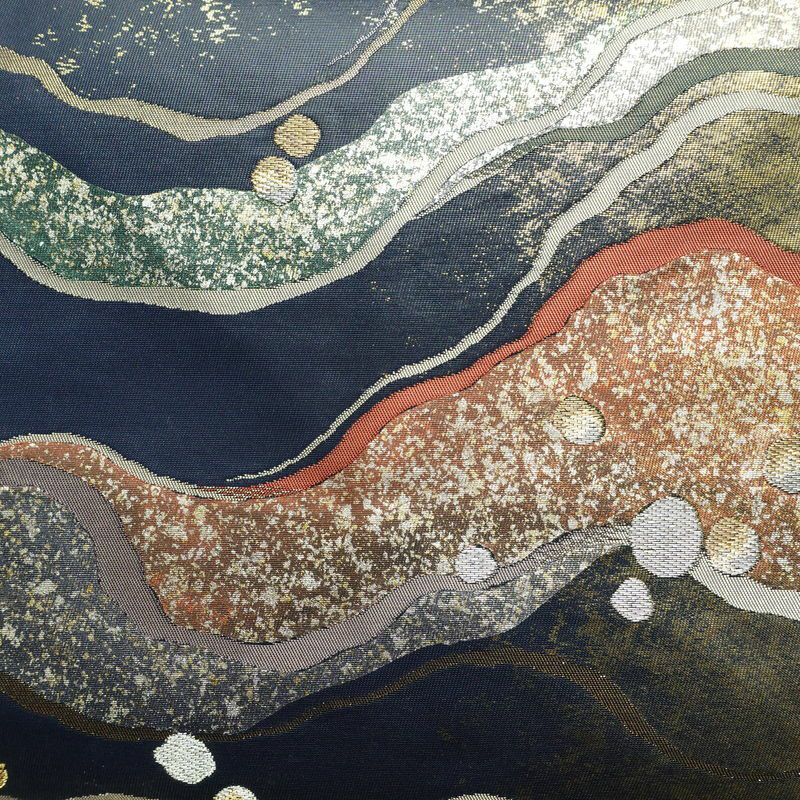 名古屋帯 太鼓柄 美品 正絹 流水・波柄 名古屋仕立て 箔 帯 青・紺_画像2