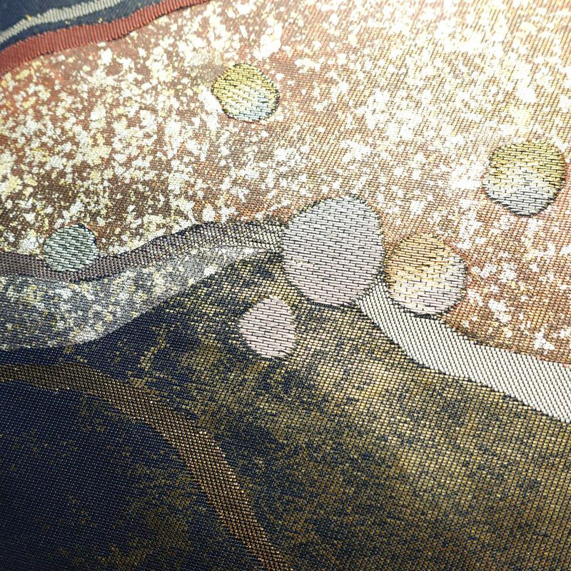 名古屋帯 太鼓柄 美品 正絹 流水・波柄 名古屋仕立て 箔 帯 青・紺_画像3