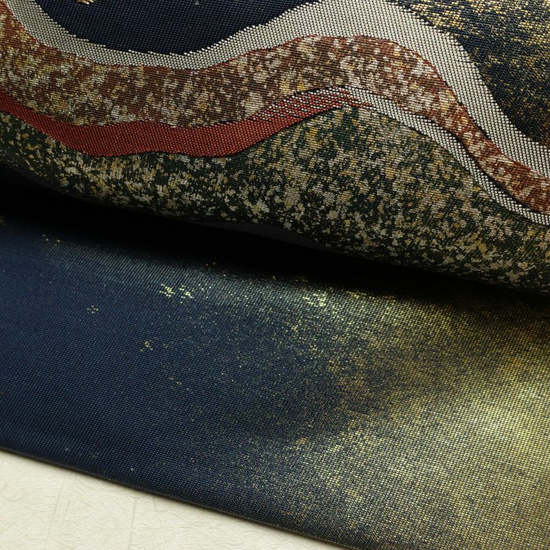 名古屋帯 太鼓柄 美品 正絹 流水・波柄 名古屋仕立て 箔 帯 青・紺_画像7