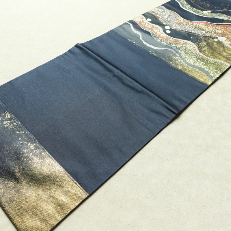 名古屋帯 太鼓柄 美品 正絹 流水・波柄 名古屋仕立て 箔 帯 青・紺_画像8