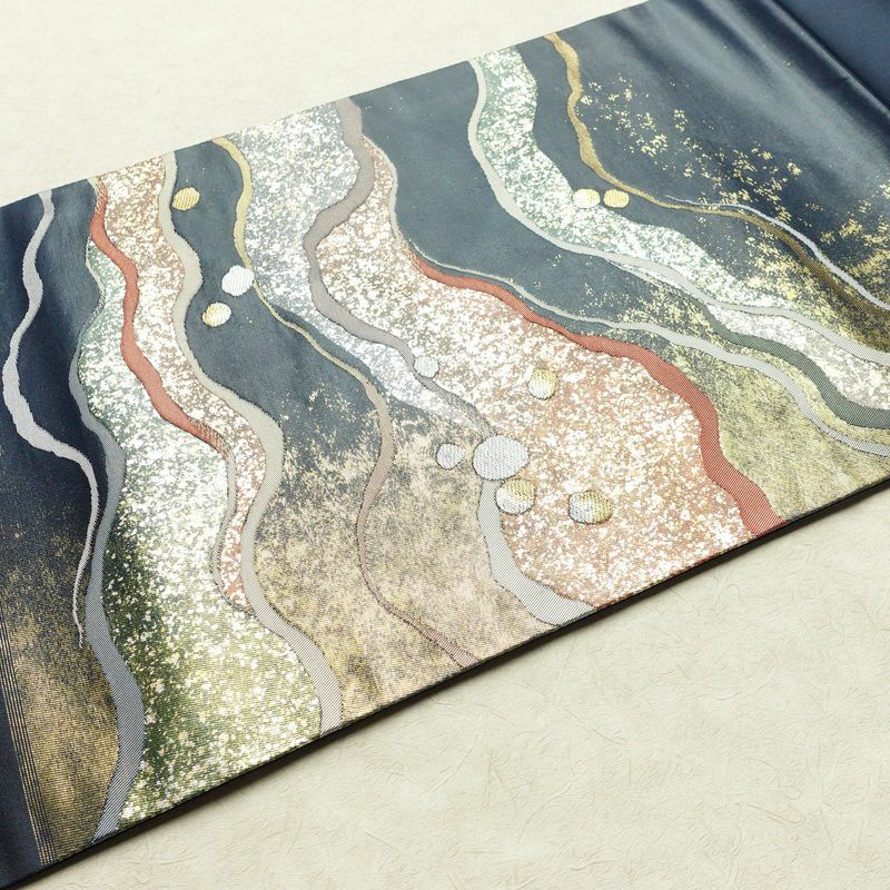 名古屋帯 太鼓柄 美品 正絹 流水・波柄 名古屋仕立て 箔 帯 青・紺_画像11