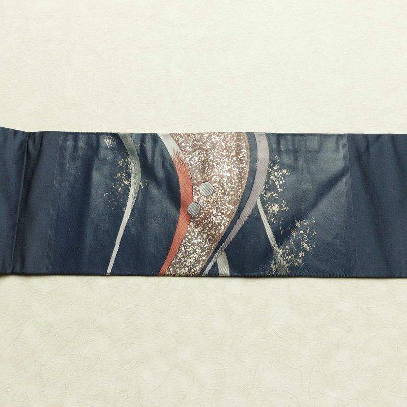 名古屋帯 太鼓柄 美品 正絹 流水・波柄 名古屋仕立て 箔 帯 青・紺_画像13