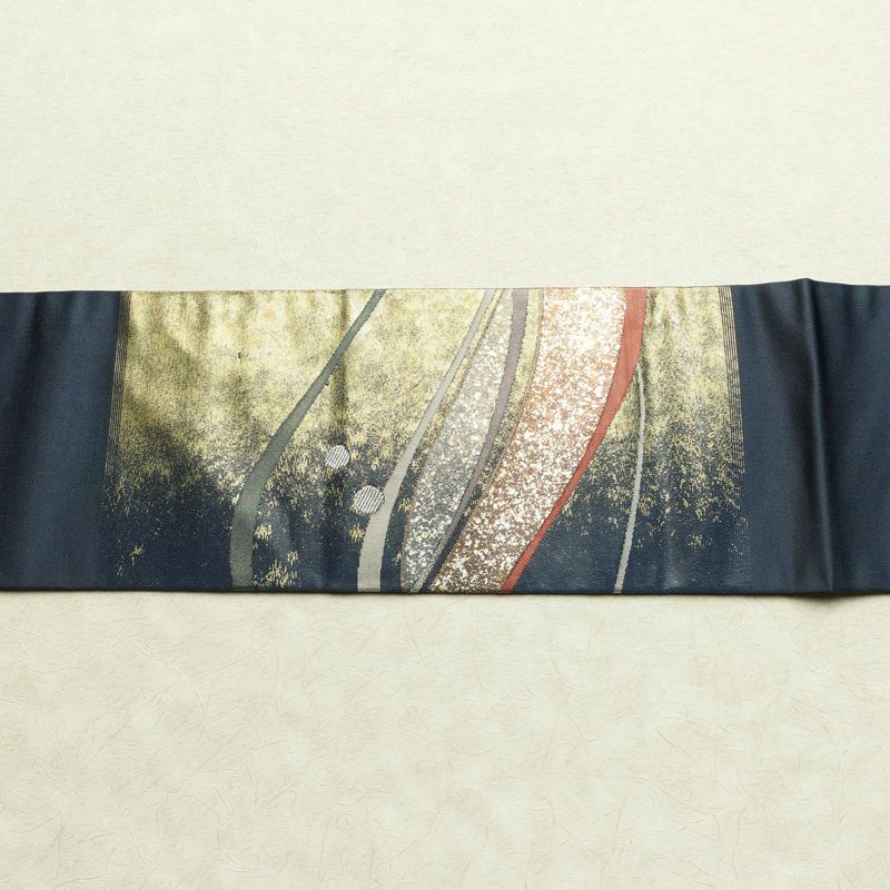 名古屋帯 太鼓柄 美品 正絹 流水・波柄 名古屋仕立て 箔 帯 青・紺_画像14