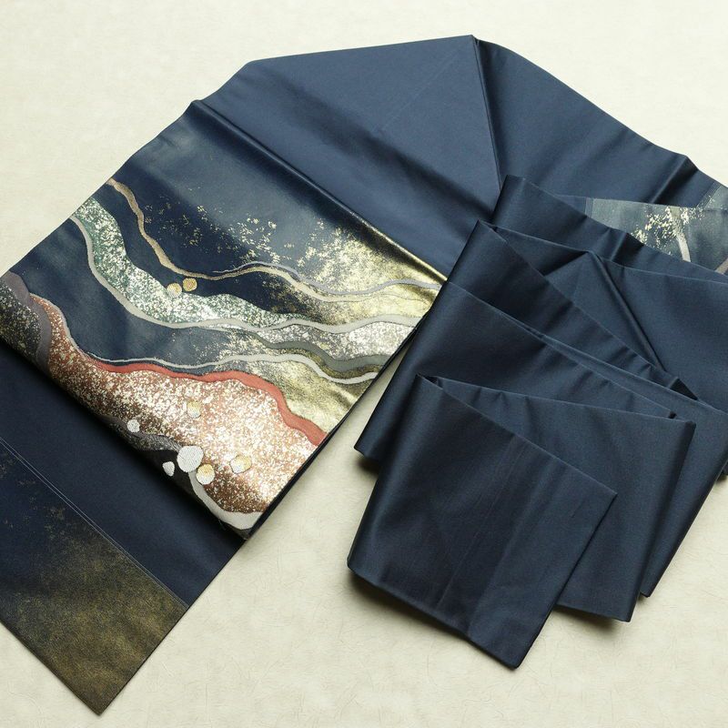 名古屋帯 太鼓柄 美品 正絹 流水・波柄 名古屋仕立て 箔 帯 青・紺_画像16