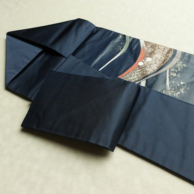 名古屋帯 太鼓柄 美品 正絹 流水・波柄 名古屋仕立て 箔 帯 青・紺_画像20