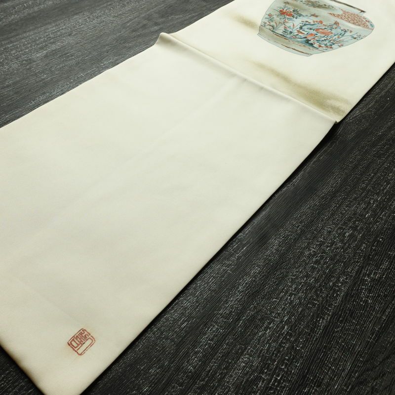 名古屋帯 太鼓柄 落款入り 正絹 その他の柄 名古屋仕立て 箔 帯 クリーム_画像8