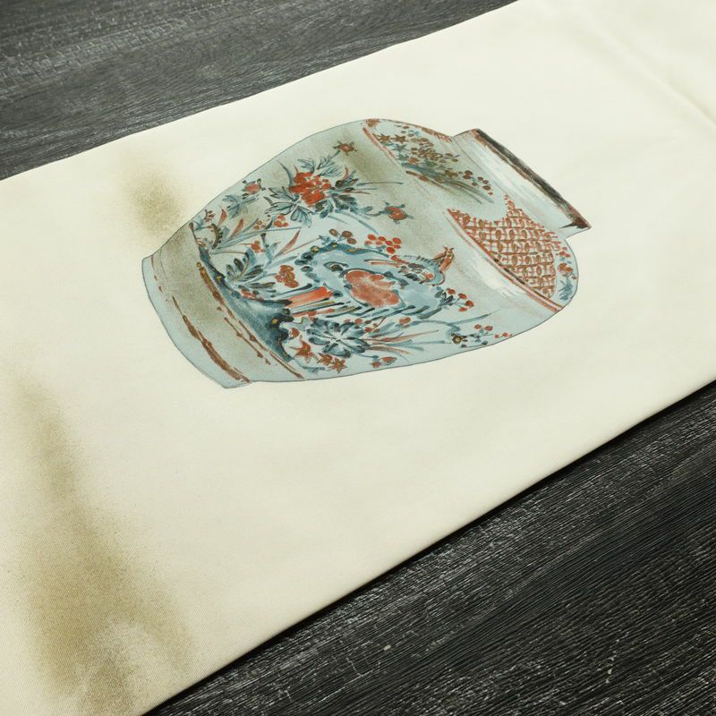 名古屋帯 太鼓柄 落款入り 正絹 その他の柄 名古屋仕立て 箔 帯 クリーム_画像11