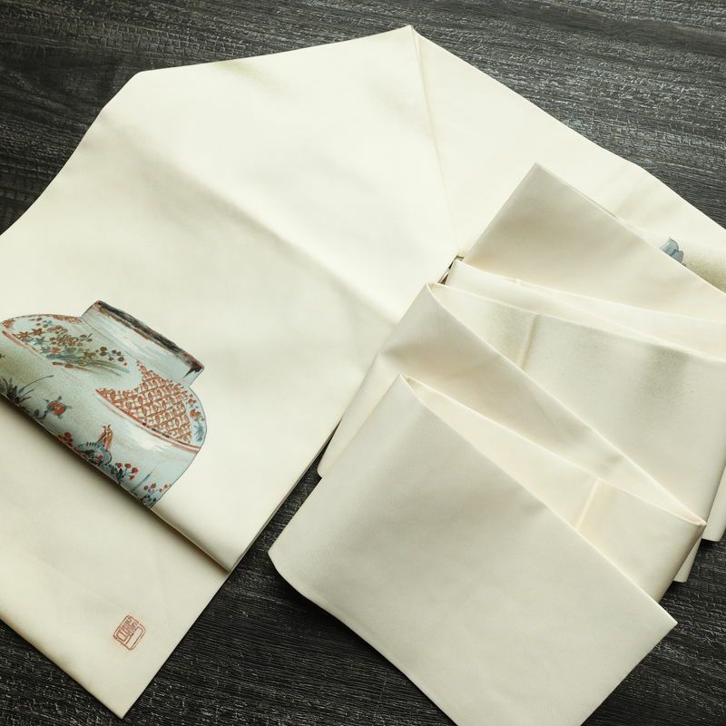 名古屋帯 太鼓柄 落款入り 正絹 その他の柄 名古屋仕立て 箔 帯 クリーム_画像20