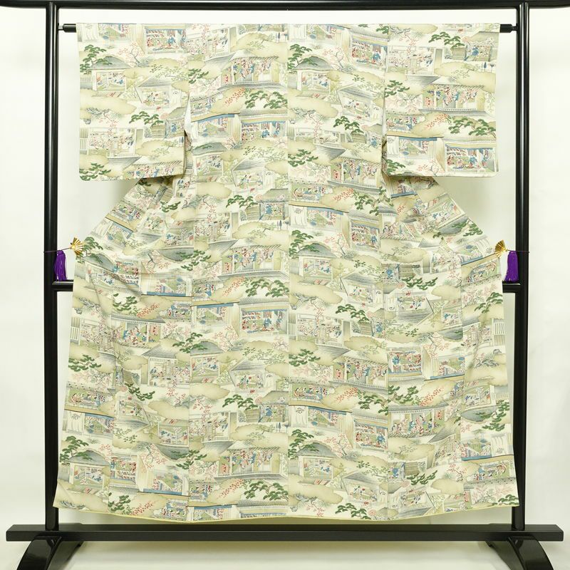 小紋 縮緬 総柄 正絹 風景柄 袷仕立て 身丈152cm 裄丈63.5cm 着物 緑・うぐいす色_画像1