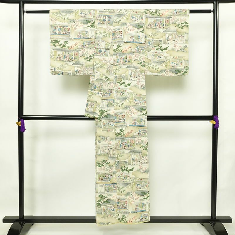 小紋 縮緬 総柄 正絹 風景柄 袷仕立て 身丈152cm 裄丈63.5cm 着物 緑・うぐいす色_画像2