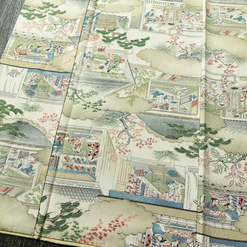 小紋 縮緬 総柄 正絹 風景柄 袷仕立て 身丈152cm 裄丈63.5cm 着物 緑・うぐいす色_画像4