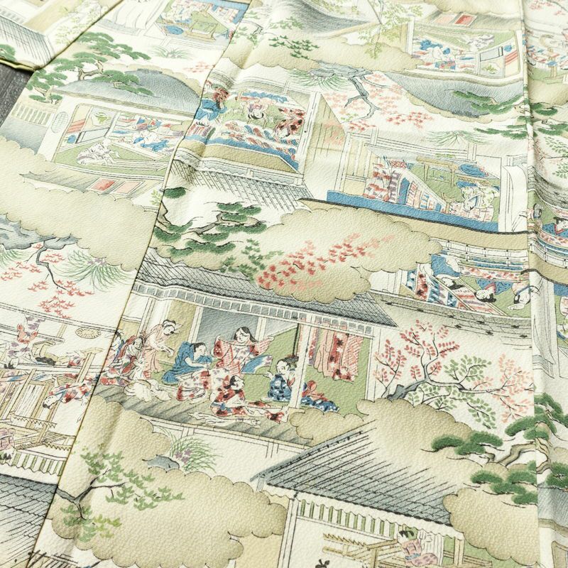 小紋 縮緬 総柄 正絹 風景柄 袷仕立て 身丈152cm 裄丈63.5cm 着物 緑・うぐいす色_画像5