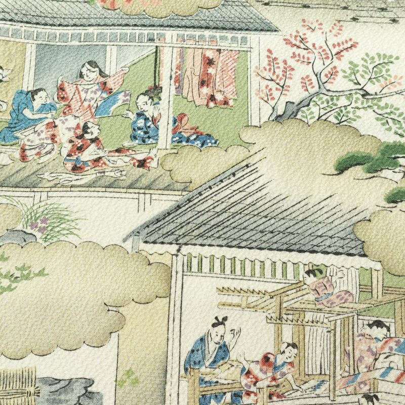 小紋 縮緬 総柄 正絹 風景柄 袷仕立て 身丈152cm 裄丈63.5cm 着物 緑・うぐいす色_画像6