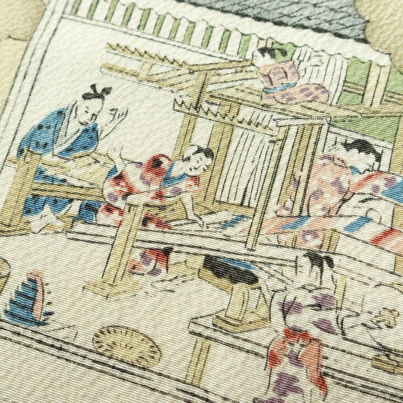 小紋 縮緬 総柄 正絹 風景柄 袷仕立て 身丈152cm 裄丈63.5cm 着物 緑・うぐいす色_画像7