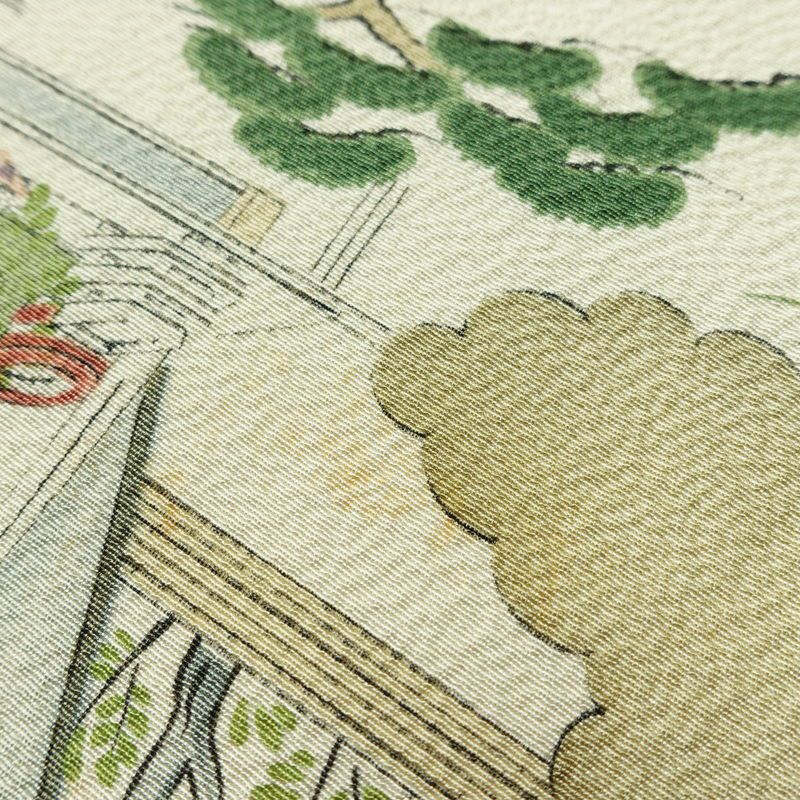 小紋 縮緬 総柄 正絹 風景柄 袷仕立て 身丈152cm 裄丈63.5cm 着物 緑・うぐいす色_画像11