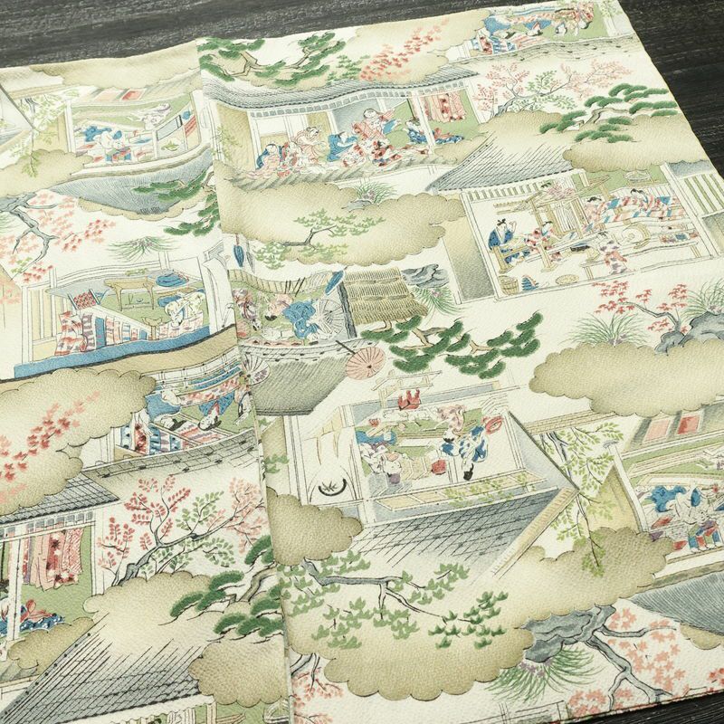 小紋 縮緬 総柄 正絹 風景柄 袷仕立て 身丈152cm 裄丈63.5cm 着物 緑・うぐいす色_画像12