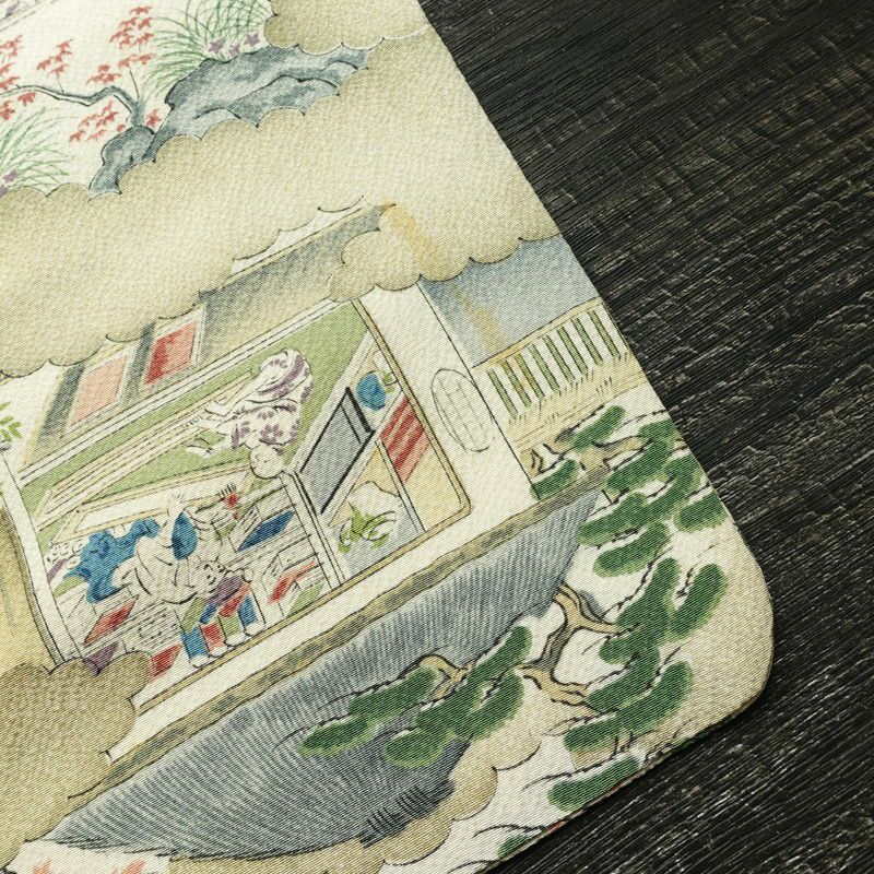 小紋 縮緬 総柄 正絹 風景柄 袷仕立て 身丈152cm 裄丈63.5cm 着物 緑・うぐいす色_画像13