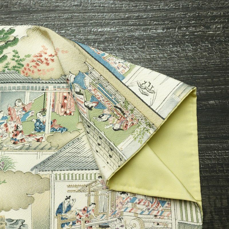小紋 縮緬 総柄 正絹 風景柄 袷仕立て 身丈152cm 裄丈63.5cm 着物 緑・うぐいす色_画像14